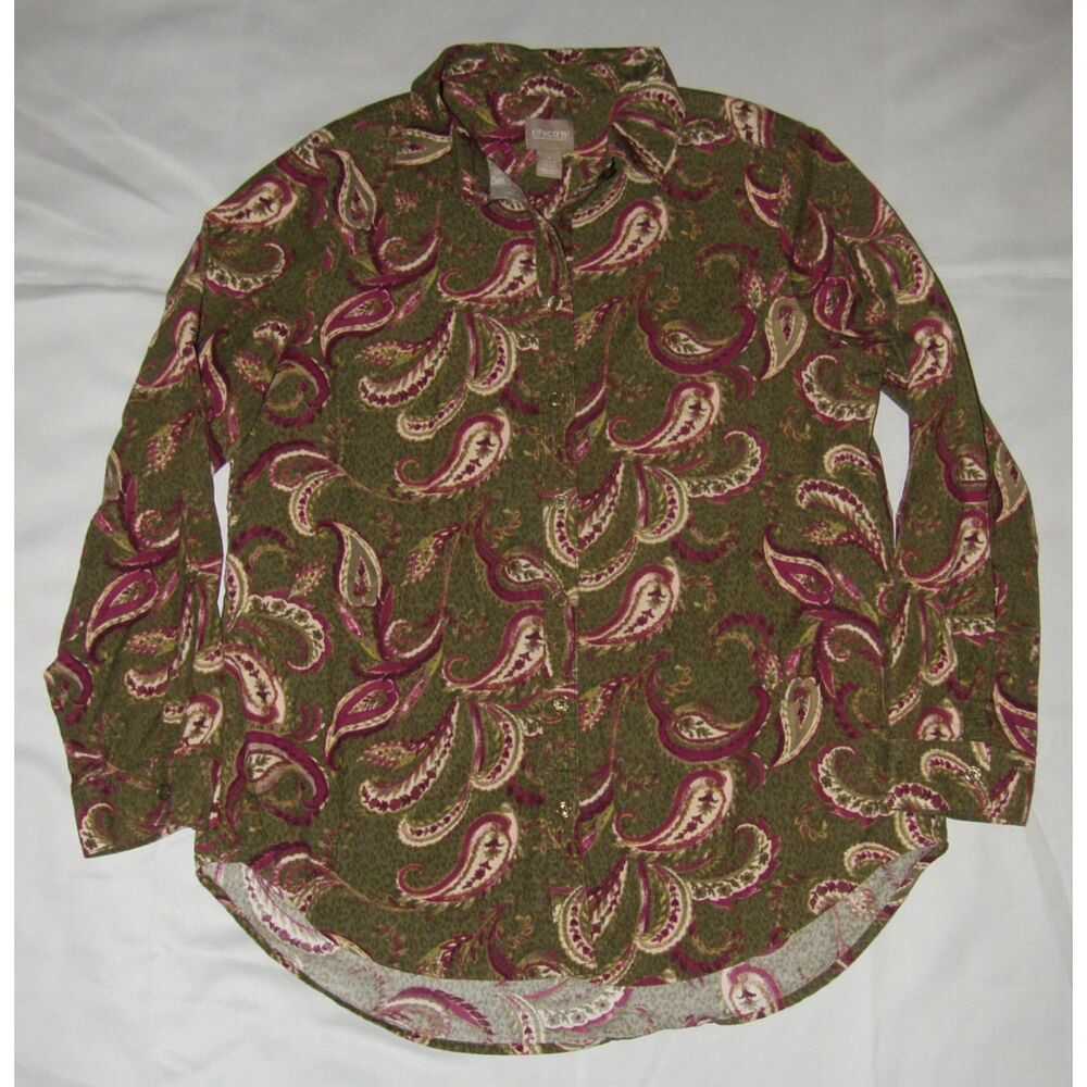 CHICO'S Olive Green Paisley Sz Medium Soft Corduroy Button Up Long Sleeve Shirt